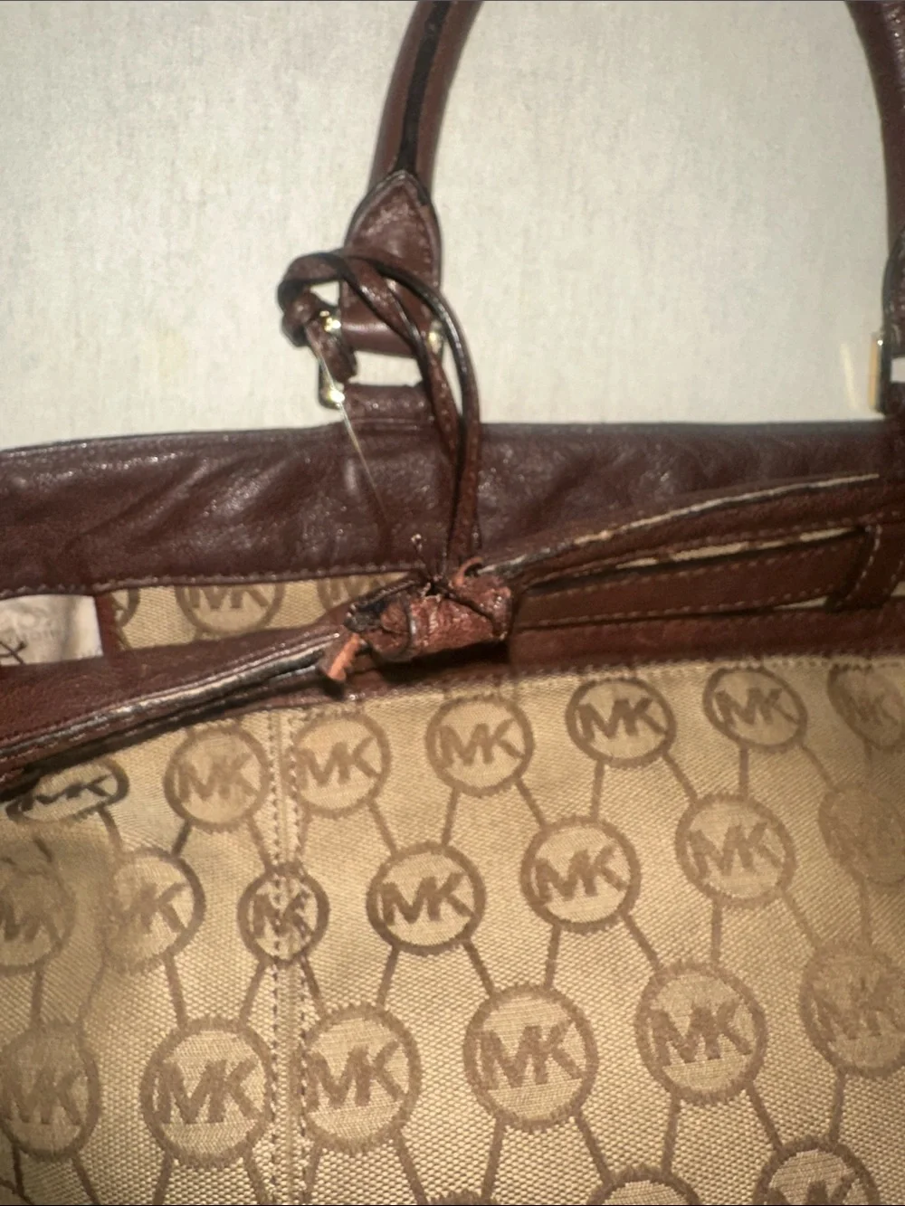 Womens Michael Kors Brown Logo Canvas Tote with Dark Brown Leather Trim